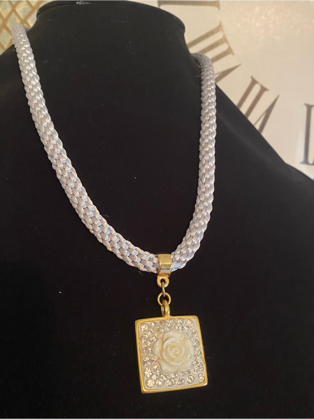 Elegant White Rope Necklace with Gold Rose Pendant